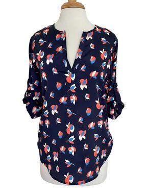 Pixley Navy Blue Floral Tunic Split Neck Blouse Shirt Knit Top Long Sleeves S